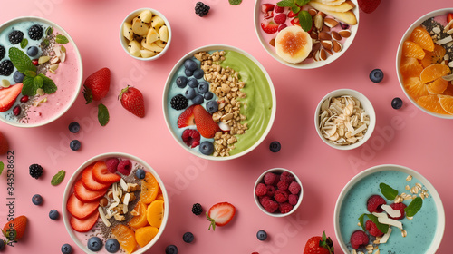 A colorful assortment of fruit and cereal bowls on an energetic color background © Q77photo
