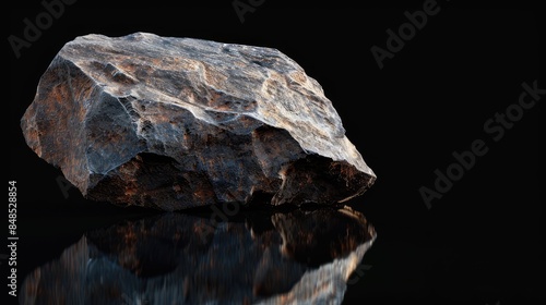 Close up photo of a raw Manganese Ore rock isolated on black reflective surface