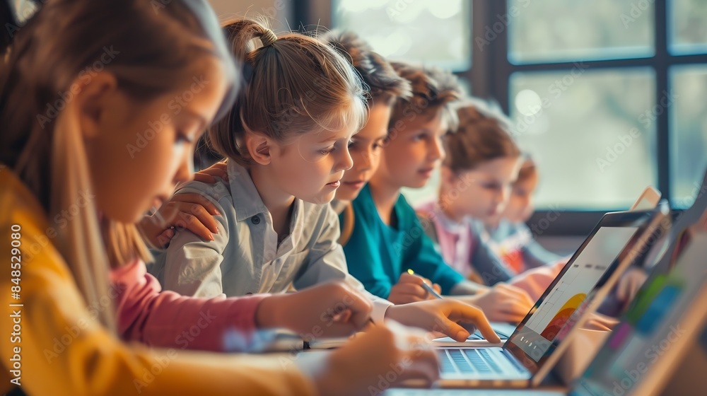 Group of TechSavvy Primary School Children Working on Their Laptop and Tablet Computers in Class Young Female Teacher Educating Kids on Internet Safety Basic Programming Languages and : Generative AI Group of TechSavvy Primary School Children Working on Their Laptop and Tablet Computers in Class Young Female Teacher Educating Kids on Internet Safety Basic Programming Languages and : Generative AI