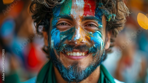 Close-up of a joyful man with multicolored face paint likely celebrating at a festive event