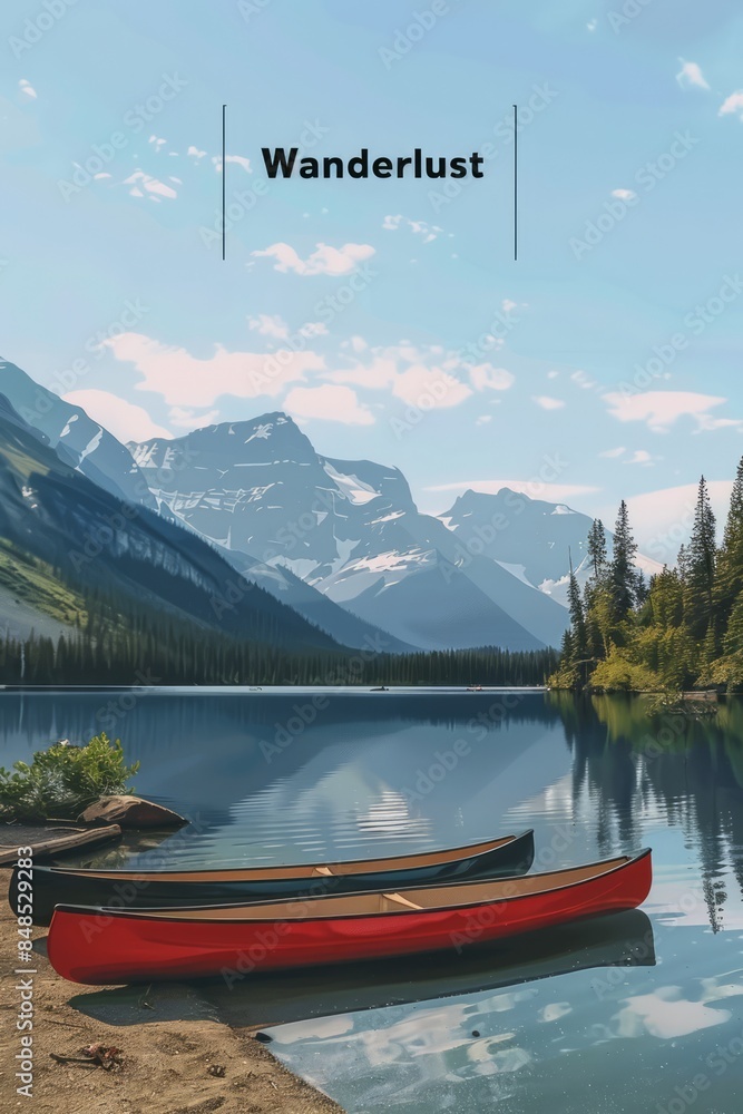 Minimalist postcard featuring two canoes on calm lake with mountainous backdrop, evoking sense of wanderlust Minimalist postcard featuring two canoes on calm lake with mountainous backdrop, evoking sense of wanderlust
