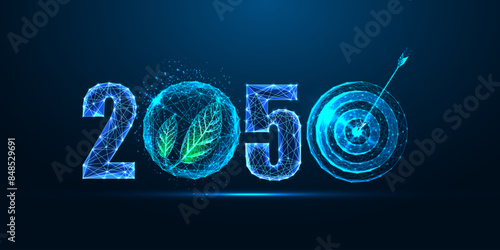 Net zero emissions 2050 goal for sustainable future futuristic concept on dark blue background