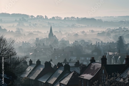 Church spire and town from atop a hill overlooking an English terrace house village with rolling hills in winter. photo