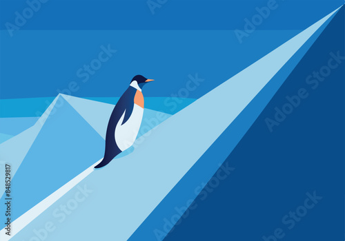 Minimalist illustration of a penguin standing on an iceberg