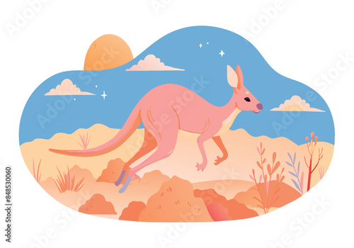 Illustration of kangaroo hopping in desert landscape at sunset