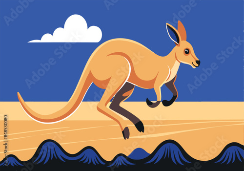 Colorful illustration of a kangaroo hopping in the desert