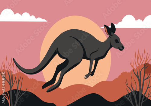 Illustration of a kangaroo jumping at sunset in the outback