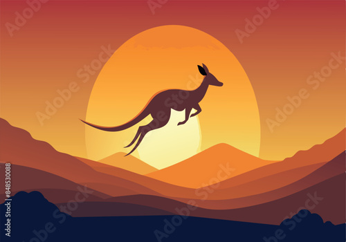 Kangaroo silhouette jumping at sunset in the Australian outback