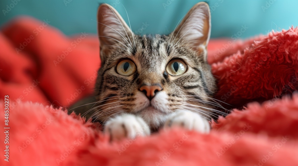 Inviting image of a domestic cat peeking out from a cozy red blanket, eyes wide and curious Inviting image of a domestic cat peeking out from a cozy red blanket, eyes wide and curious