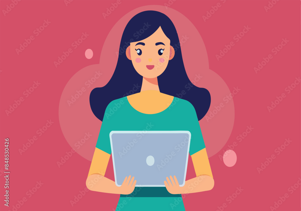 Illustration of woman working on laptop with pink background Illustration of woman working on laptop with pink background