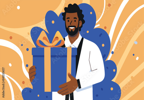 Man happily holding a gift box with festive background