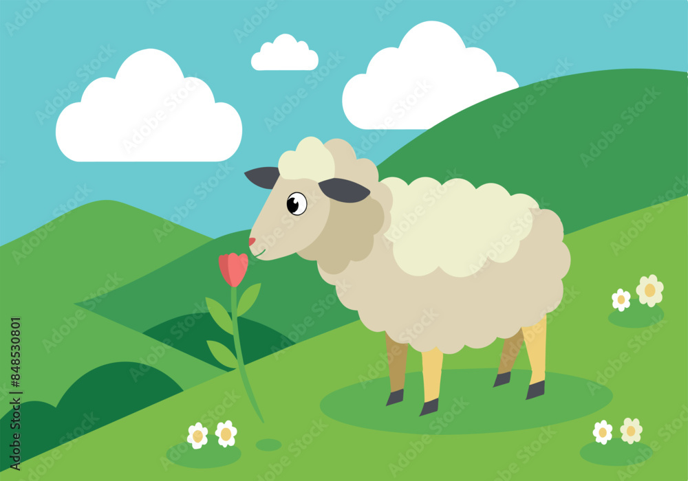 Cartoon sheep in a beautiful green meadow with flowers and clouds Cartoon sheep in a beautiful green meadow with flowers and clouds