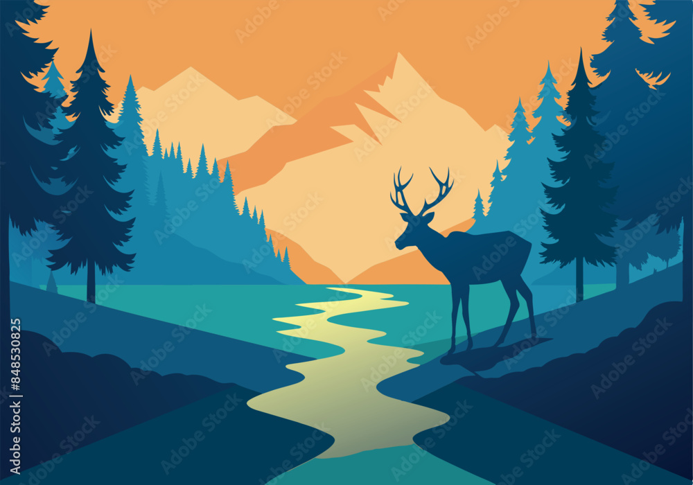Stylized mountain landscape with deer in forest scene Stylized mountain landscape with deer in forest scene