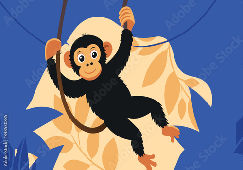 Cute cartoon monkey swinging on vine in jungle illustration