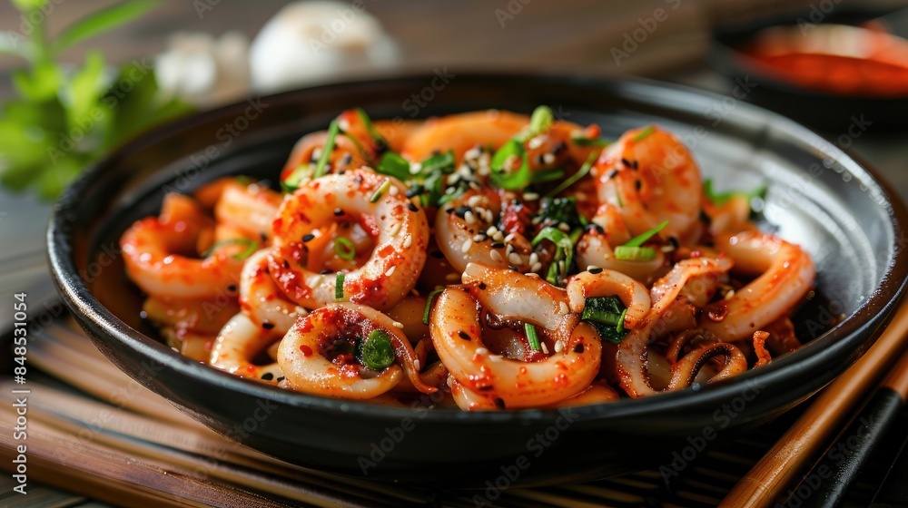 Spicy stir fried squid in Korean cuisine served with chopsticks Spicy stir fried squid in Korean cuisine served with chopsticks