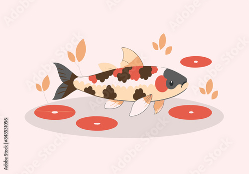 Colorful koi fish swimming among lily pads in a tranquil pond