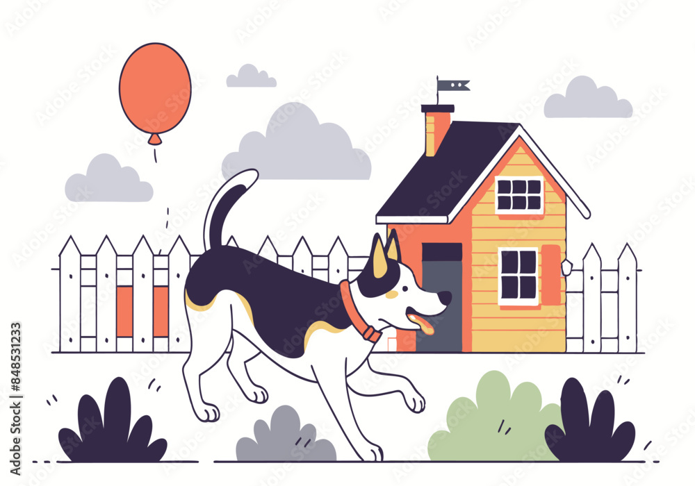 Happy dog playing in front of house with balloon and fence Happy dog playing in front of house with balloon and fence