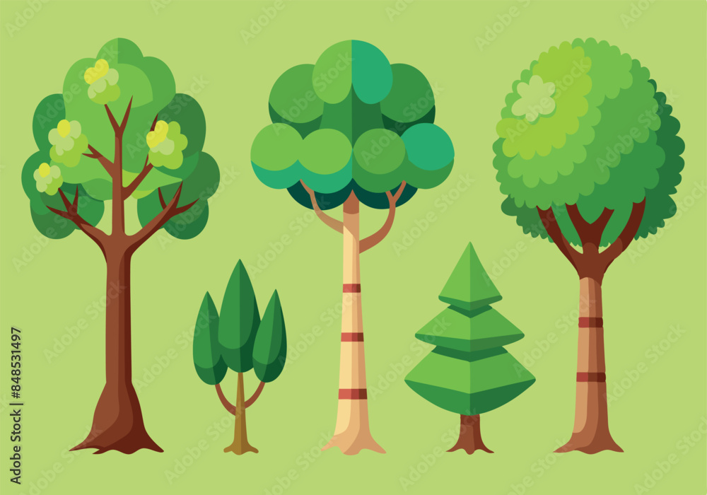 Fototapeta premium Colorful flat design illustration of various tree types