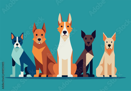 Colorful geometric illustration of five different dog breeds
