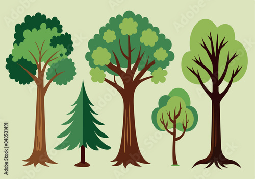 Collection of different tree illustrations on light background