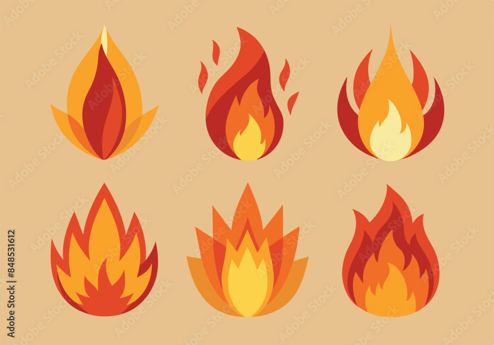 Set of colorful flame icons on beige background Set of colorful flame icons on beige background