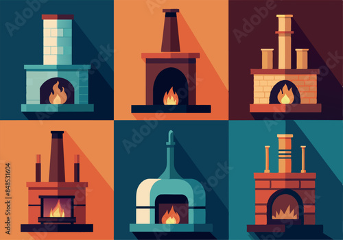 Collection of colorful flat design fireplaces in different styles