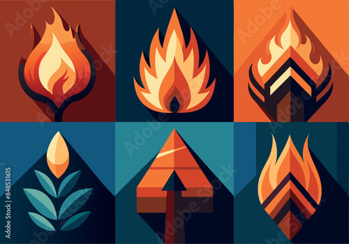 Abstract geometric flames and nature icons in vibrant colors