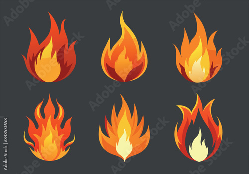 Set of six vibrant and dynamic fire flame illustrations