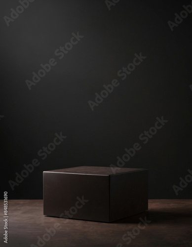 Square product display stand on dark brown background