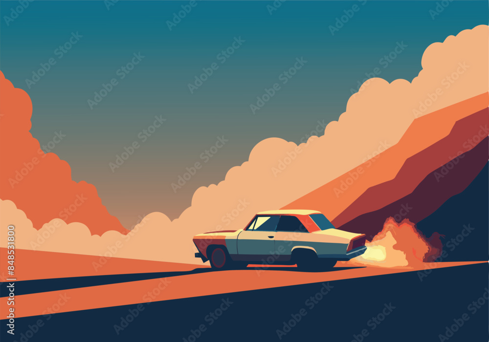 Naklejka premium Illustration of retro car speeding through a scenic desert landscape