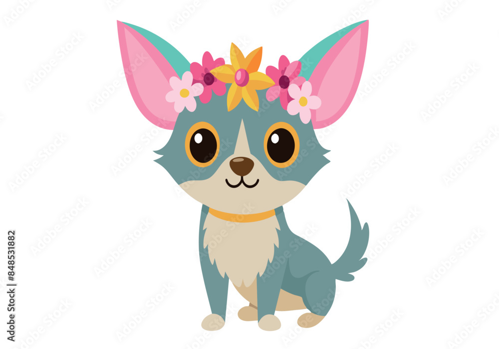 Cute cartoon chihuahua with flower crown on white background Cute cartoon chihuahua with flower crown on white background