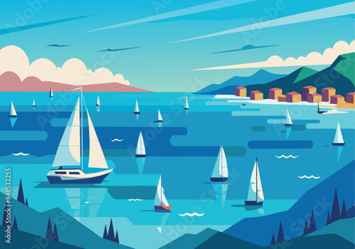 Colorful illustration of sailboats on a serene coastal seascape