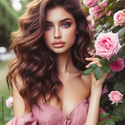 Romantic Garden Portrait: Curly Hair and Blooming Roses. Sun-Kissed Beauty in Pink: Roses and Natural Makeup. generative AI
