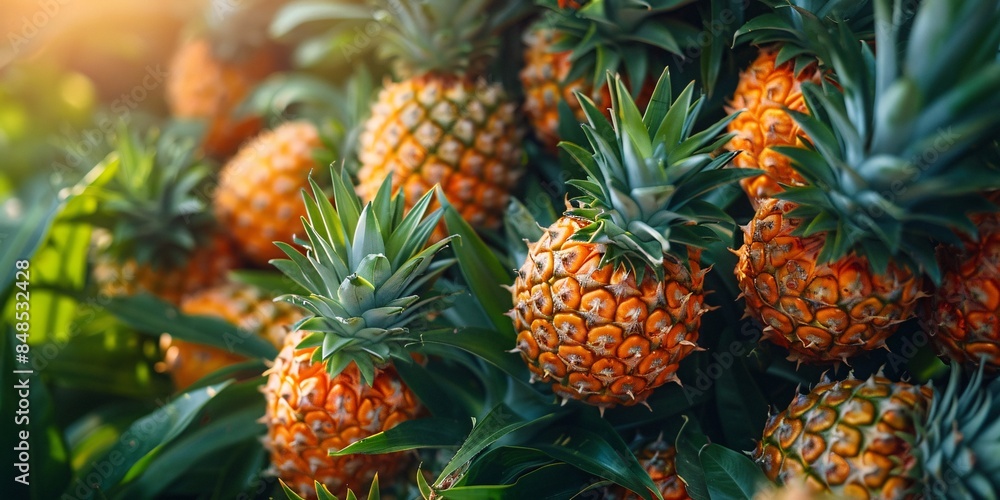 Pineapple with droplets of water on its surface, surrounded by lush green leaves. Pineapple with droplets of water on its surface, surrounded by lush green leaves.