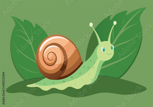 Cute snail cartoon illustration on green leaf background