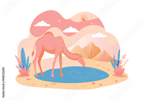 Camel drinking water at desert oasis under a vibrant sky