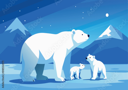 Polar bear family in icy arctic landscape illustration