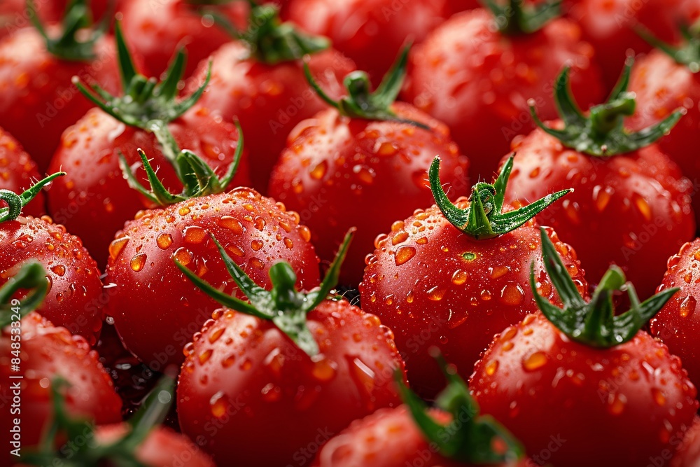 Close-up of fresh, ripe tomatoes with water droplets, highlighting vibrant red color and fresh green stems. Close-up of fresh, ripe tomatoes with water droplets, highlighting vibrant red color and fresh green stems.