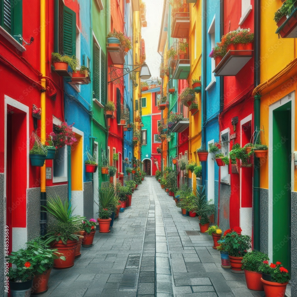 Fototapeta premium Urban Oasis: Hidden Alleyway with Colorful Walls. Colorful Building Facades. generative AI