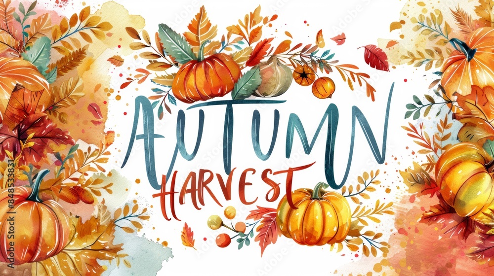 Fototapeta premium A watercolor illustration of pumpkins and fall leaves with the words Autumn Harvest written in blue