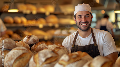 baker with bread in bakery shop 