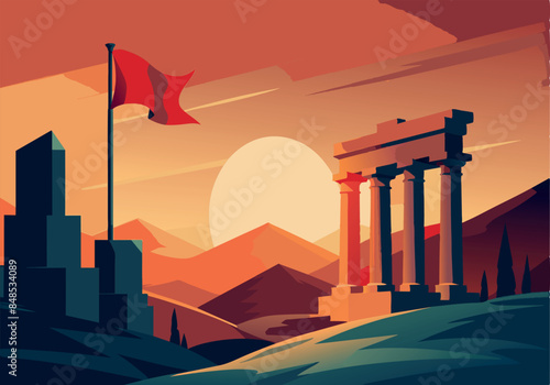 Sunset over ancient ruins with flag and mountains