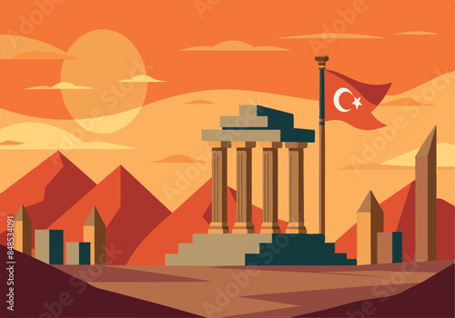 Ancient temple ruins with Turkish flag at sunset