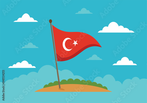 Turkish flag waving on a hilltop with blue sky background