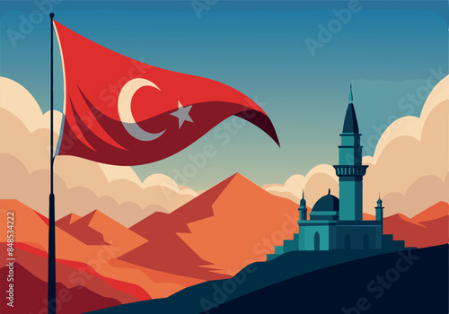 Turkish flag waving near historical mosque in mountainous landscape