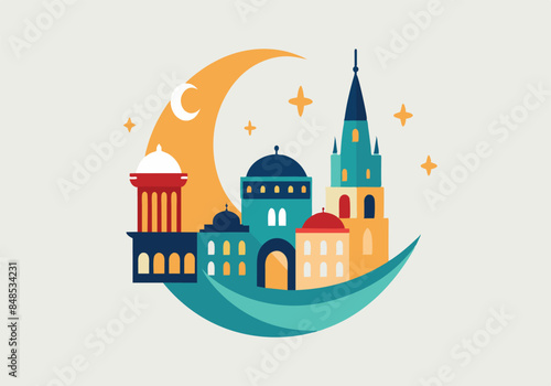 Colorful graphic illustration of buildings inside a crescent moon
