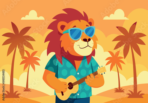 Cool lion playing the ukulele in tropical sunset background