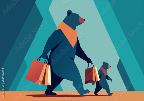 Illustration of bears shopping together in a modern style