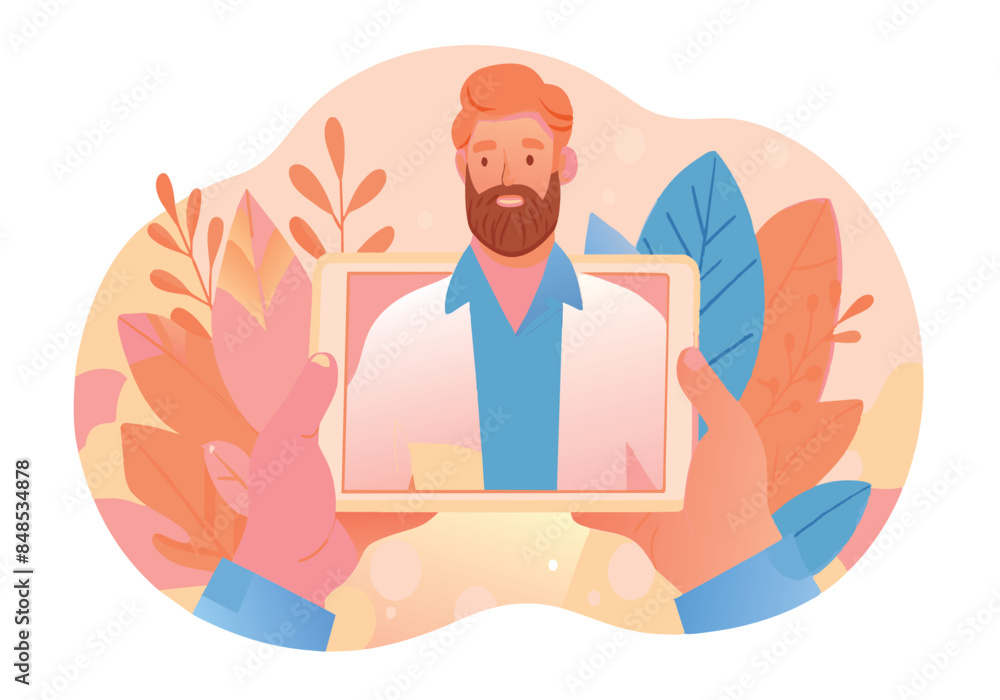 Person holding tablet with video call of bearded man with foliage background Person holding tablet with video call of bearded man with foliage background