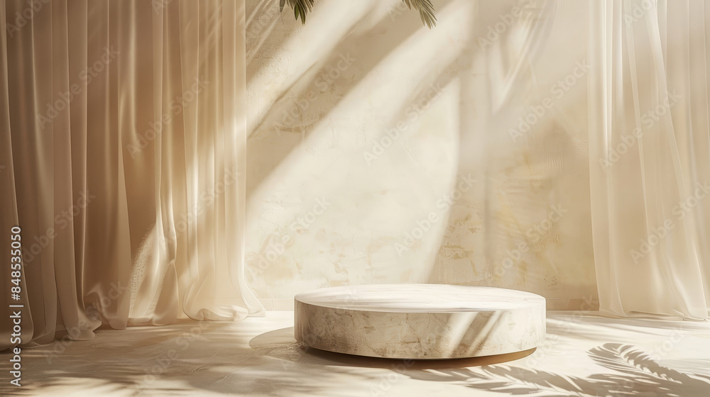 Empty round white marble podium with light sheer curtains in the background, for cosmetics or skin care products. Sunlight and foliage leave shadows on the wall. Empty round white marble podium with light sheer curtains in the background, for cosmetics or skin care products. Sunlight and foliage leave shadows on the wall.
